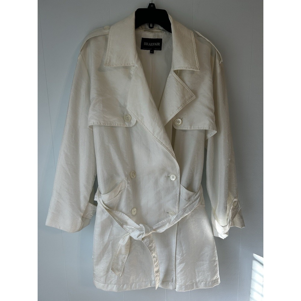 Braefair Womens Ivory Shimmer Double Breasted Belted Trench Coat Size 12 Ukraine